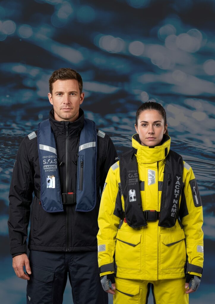 Two sailors wearing SOS Marine 150N life jackets
